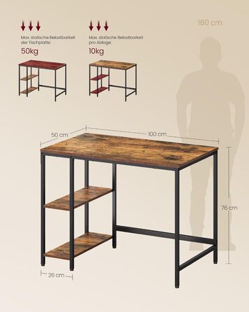 Комп'ютерний стіл VASAGLE 100x50 см, офісний, вінтажний стиль, для робочого кабінету, спальні, вітальні, колір: коричневий + чорний