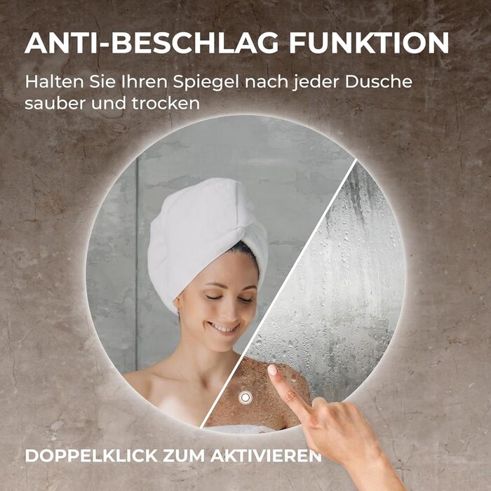 Дзеркало для ванної кімнати BR Bringer LED, діаметр 80 см, з підсвічуванням, протизапітнінням, регулюванням яскравості, енергозбереженням, 3 кольори світла, сенсорне керування та функція пам'яті (BRRS201)