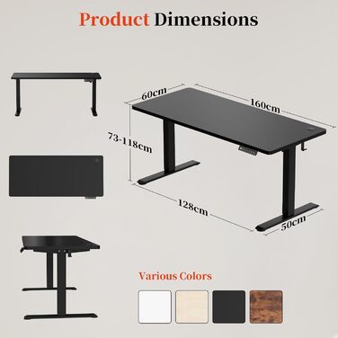 Електричний стіл 160x60 см, регульована висота, чорний, без швів, для комп'ютера