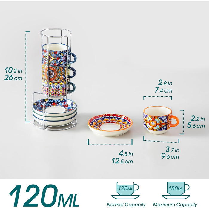 Набір чашок для еспресо Vancasso 4 шт., 150 мл, SIMI, з підставками та стійкою, керамічні, для капучино, еспресо, лате