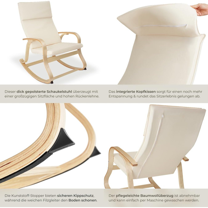 Гойдалка-крісло Tectake з підлокітниками, бежеве - для вітальні, дитячої, годування, спальні (до 150 кг) з подушкою