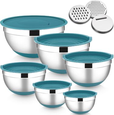 Набір мисок HaWare 6 шт. з нержавіючої сталі з кришками та тертками, 4.6/2.8/2.5/1.6/1.2/0.7 л, силіконове дно, миючі в посудомийній машині