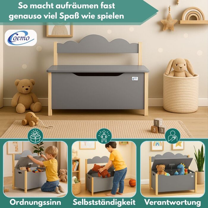 Дерев'яна іграшкова скриня Coemo з банківкою, біла, Trudi, 60x26x55 см – для дитячої кімнати, з місцем для зберігання, безпечним шарніром, зручною висотою, декоративним дизайном хмари (сірий)