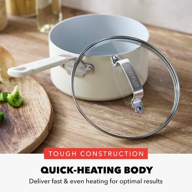 Набір посуду GreenPan x Bobby Flay 13 предметів: професійний алюміній, антипригарне покриття Ceramic, без PFAS/PFOA, індукційний, силіконові ручки, сумісний з посудомийною машиною (2.53QT соусниця з кришкою, кремовий)