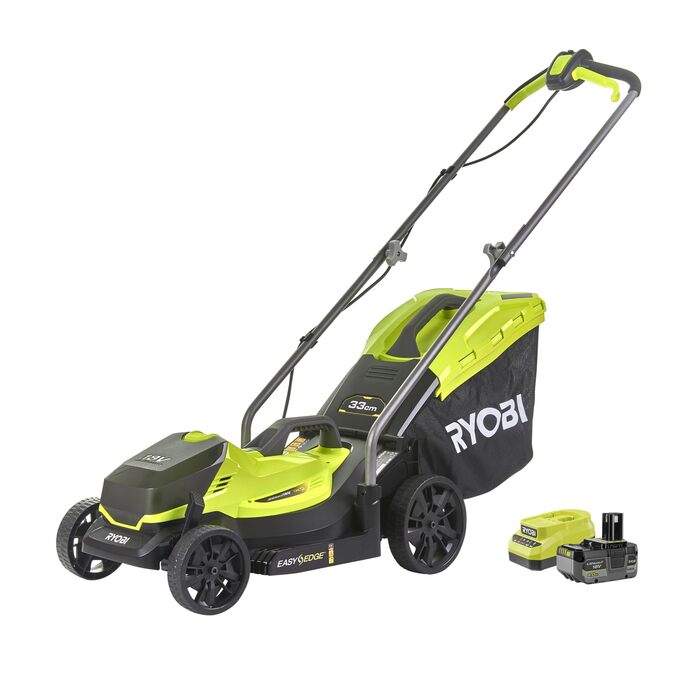 Акумуляторний газонокосарка RYOBI 18V ONE+ – ширина косіння 33 см, без акумулятора та зарядного пристрою, компактна для малих газонів (RLM18X33B40, в комплекті 1x 4,0 Ah акумулятор та зарядний пристрій)
