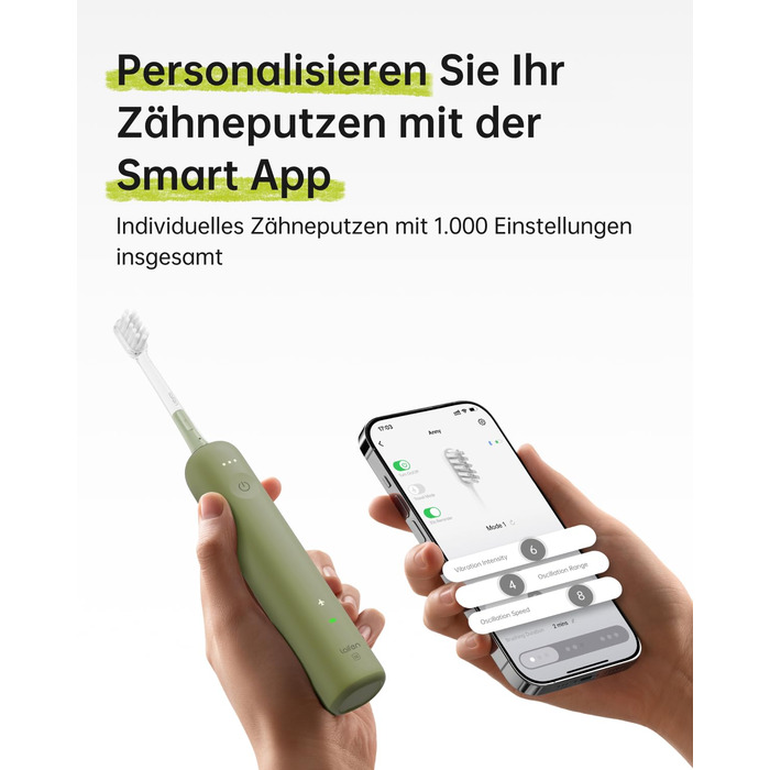 Laifen Wave Spezial: Електрична звукова зубна щітка з вібрацією та осциляцією, для дорослих, з додатком, 2 насадки (зелена)