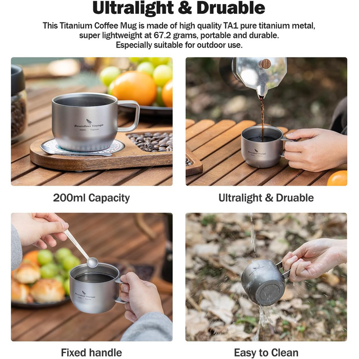 iBasingo чашка для еспресо Titan 200мл, подвійні стінки, нержавіюча сталь, для лате, капучино, какао, чай, подорожі, кемпінг, ультралегка, міцна