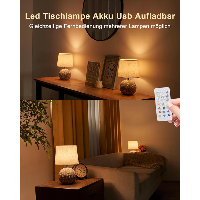 EGOBASIC LED-лампа настільна керамічна акумуляторна з пультом, бездротова, з таймером, регульована яскравість, 12 кольорів RGB, для вітальні, спальні, їдальні (вінтажний цоколь)