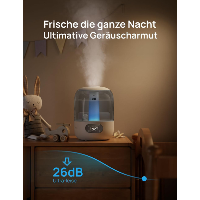 Зволожувач повітря Dreo для спальні, ультразвуковий холодний туман, 30 годин роботи, 3л резервуар, датчик вологості, нічник для дітей, кімнатних рослин та дому (Сірий)