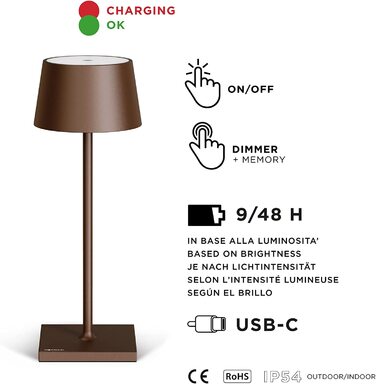 Стильна LED-лампа Stilosa на акумуляторі - бездротова, диммирувана, з сенсорним керуванням, USB-C, для дому та на вулицю, квадратна основа (30 см), бронза