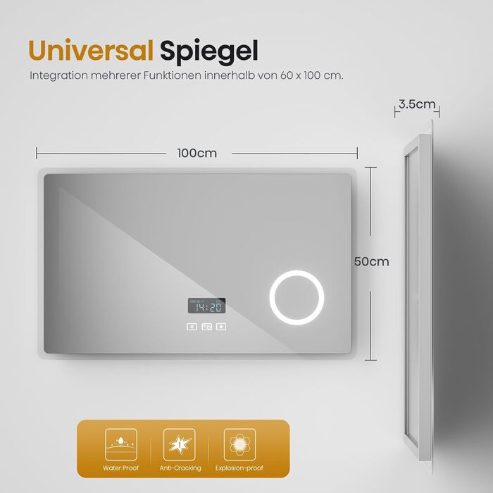 EMKE® LED дзеркало для ванної кімнати 80x60 см з підсвічуванням, регулюванням, антизапарюванням, 3 косметичні дзеркала, годинник, Bluetooth, IP44