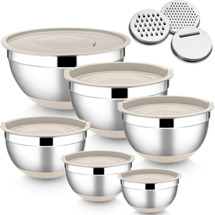 Набір мисок HaWare 6 шт. з нержавіючої сталі з кришками та набором терок, 4.6л/2.8л/2.5л/1.6л/1.2л/0.7л, з силіконовим дном, для миття в посудомийній машині