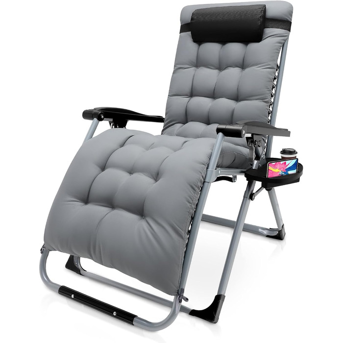 Шезлонг для відпочинку, розкладний, широка спинка 72 см, для саду, патіо, пляжу, басейну, з подушкою, 200 кг (Світло-сірий)