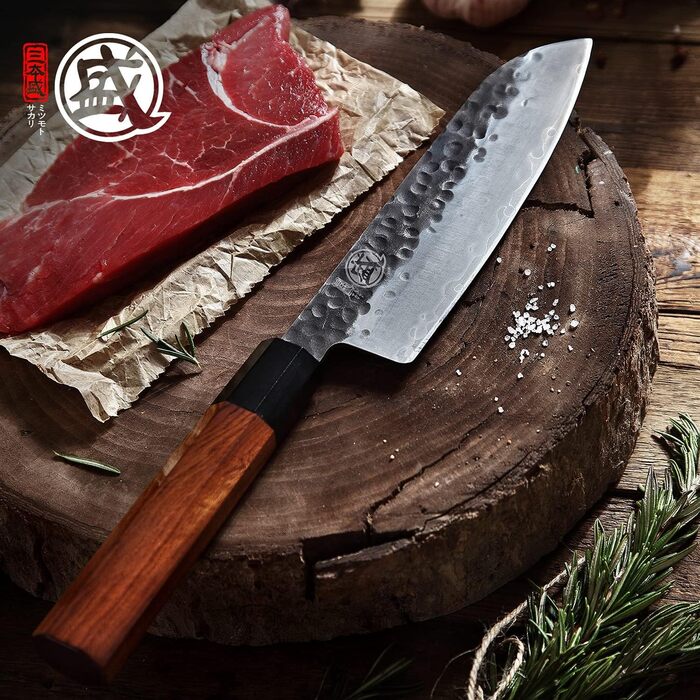 Японський ніж Mitsumoto Sakari Santoku 19 см з високоякісної сталі, ручка з рожевого дерева, подарункова коробка