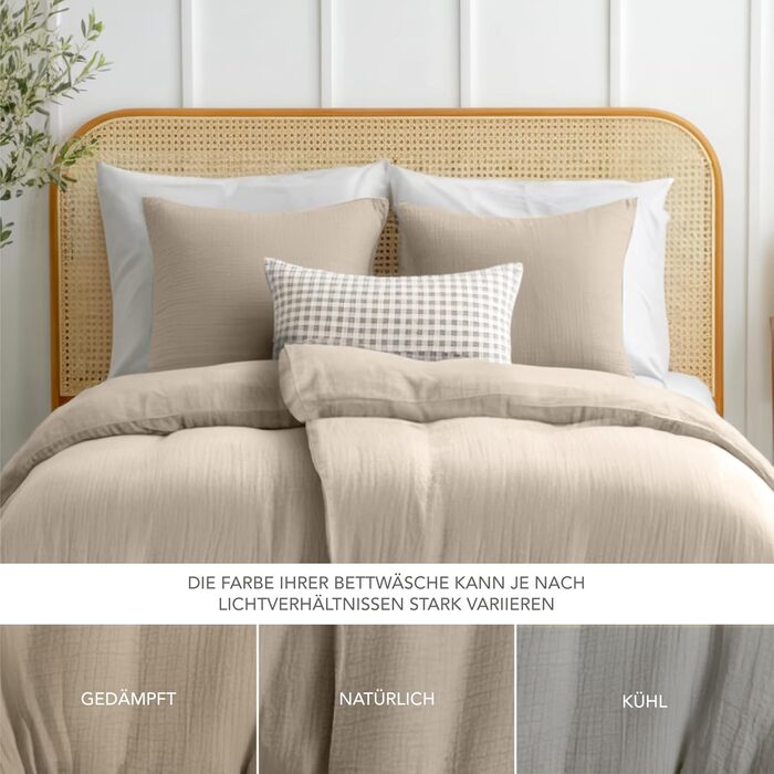 Набір постільної білизни Dreamzie з мусліну 135x200 см, 100% бавовна (4 шт.) – 2 наволочки 80x80 см, 2 наволочки 80x80 см, закривається на блискавку, сертифікат Oeko-Tex, колір: тауп