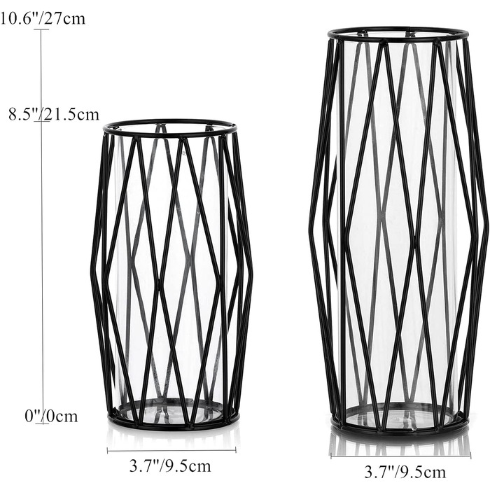 Ваза для пампасної трави, скляна ваза Ваза з високим дном з геометричною металевою підставкою, квітковий горщик в скандинавському стилі для прикраси столу, офісу, весільного прикраси, висотою 27 см (маленький великий, чорний)