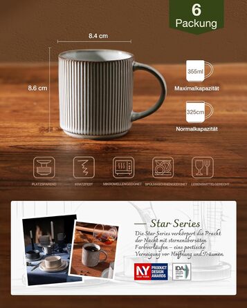 Набір тарілок Star 12 предметів для 4 осіб, керамічний посуд, стійкий до подряпин, для мікрохвильовки та посудомийної машини (димчастий синій, чашки 355 мл - 6 шт)