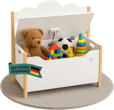 Дерев'яна іграшкова скриня Coemo з банківкою, білий колір, Trudi, 60x26x55 см – банківка для дитячої кімнати з місцем для зберігання, іграшкова скриня з безпечним шарніром, дитяча висота сидіння, декоративний дизайн хмаринок