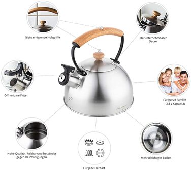 Дерев'яний індукційний чайник Florina, флейтовий чайник, всі типи плит, 2,3 л, чайник з нержавіючої сталі, дерев'яна ручка, прохолодна на дотик ручка, для приготування чаю, кави, Склокерамічна плита, газова, електрична плита, сірий (Inox. Кольоровий, Один