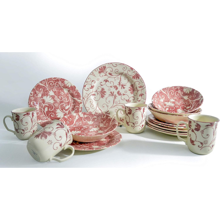 Набір дамаського посуду серії, комбінований набір із 16 предметів, керамограніт (червоний), 22256