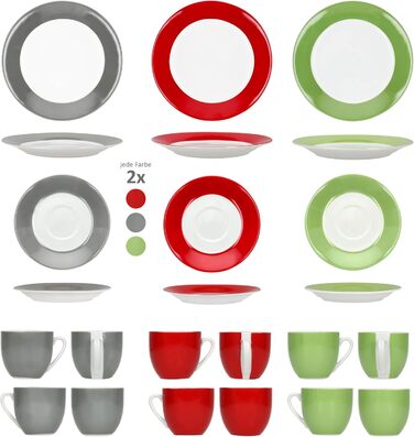 MamboCat Кавовий сервіс Trio 18 предметів: кавовий набір з 6 чашок, блюдець та тарілок (зелений, червоний, сірий)