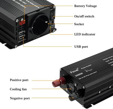 Інвертор Yinleader 1300 Вт / 2600 Вт 12 В 230 В перетворювач чистої синусоїди з 1 розеткою 2 порти USB 2600Pure