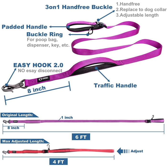 Повідець для собак Tspro Hands-Free Регульований повідець для вигулу собак з ручкою безпеки і міцною застібкою для маленьких, середніх і великих собак фіолетовий (Фіолетовий) Довжина 180 см фіолетовий