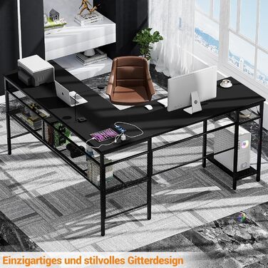 L-подібний ігровий стіл, 141x117x76 см, з полицею, для дому, офісу, навчання, ігор, чорний