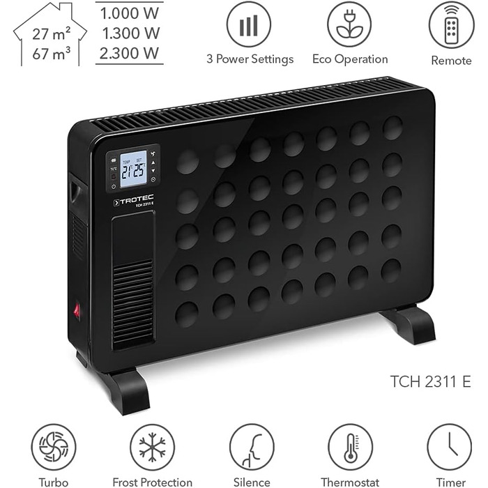 Електричний радіатор TROTEC TCH 2311 E теплова потужність 1000 Вт / 1300 Вт / 2300 Вт конвектор мобільний, чорний 2 300 Вт чорний