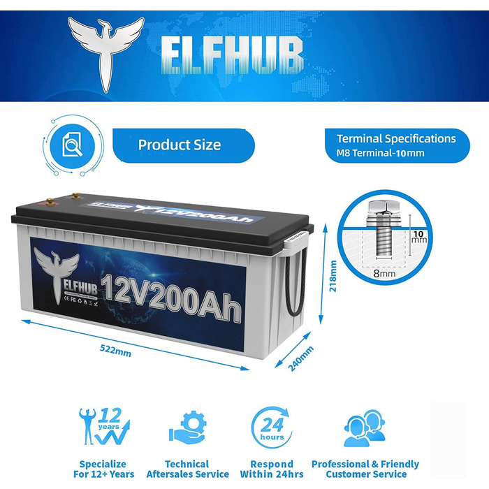 Акумуляторна батарея Elfstroke 12V 200Ah LiFePO4 з вбудованим Bluetooth 200A BMS, літієвою батареєю глибокого циклу 2560 Втгод, 4000 циклів, ідеально підходить для автофургону, сонячного причепа, човна та кемпінгу 12V 200Ah з Bluetooth