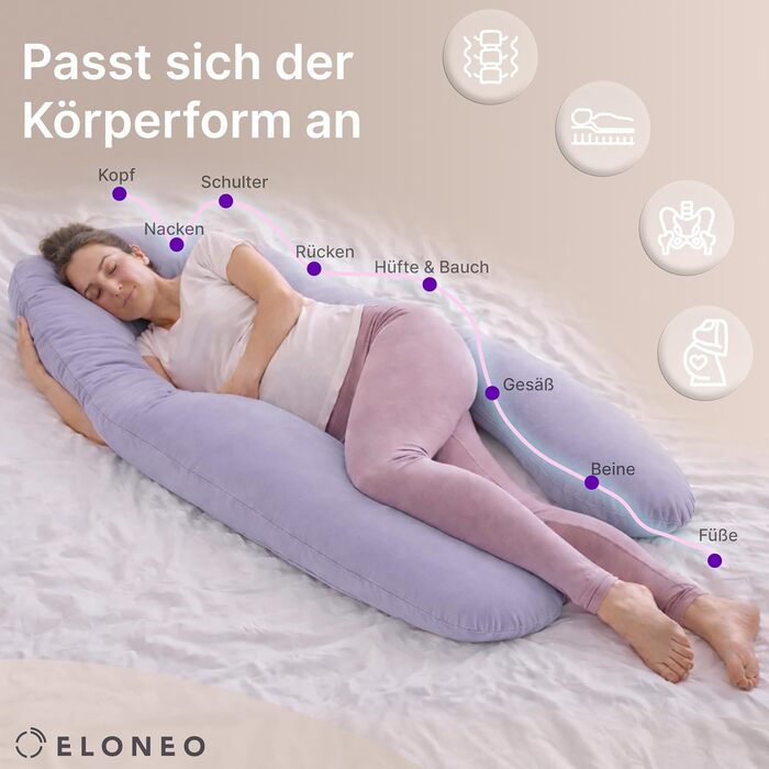 Подушка для вагітних ELONEO NEU для сну на боці, подушка для годування, XXL, фіолетова, знімний чохол, подушка для читання, пральна