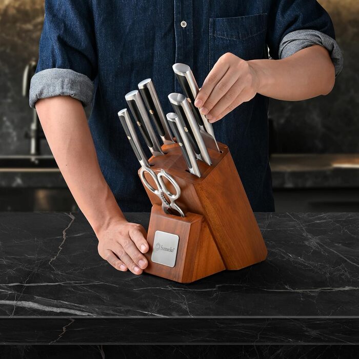 Набір ножів Sunnecko 6 шт. з підставкою – кухонний набір ножів, кухонні ножі з ергономічними ручками, гострими лезами, підставка з нержавіючої сталі та акації