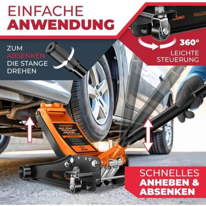Гідравлічний домкрат MASKO 3T з низьким профілем (85-460 мм), 3 гумові накладки, для автомобілів SUV, 360° колеса, рукавички в комплекті. Підйомник-опора до 3 тонн (Помаранчевий)