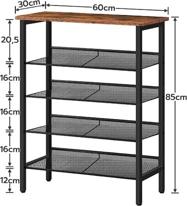 Полиця для взуття HOOBRO, 5-шарова шафа для взуття, регульована полиця для взуття, плоска та нахилена, стійка, металева, передпокій, коридор, промислова, вінтажна коричнево-чорна EBF10J01 (60 x 30 x 85 см)