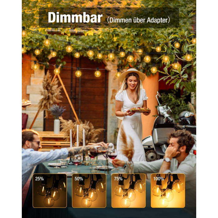 LED гірлянда для декорування саду та тераси, 15 метрів, тепле світло, G40, з таймером та димером, вологостійка