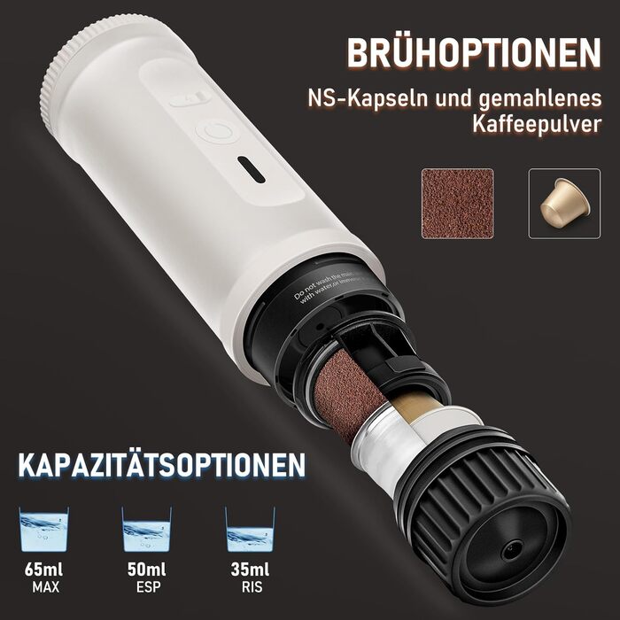 Портативна кавомашина ICARE з акумулятором, 2-в-1 для капсул NS та меленої кави, самонагріваюча, USB-C, індикатор заряду, для кемпінгу, подорожей та в дорогу (білий)