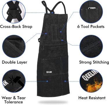 Зварювальна шкура QeeLink зі зварювальними рукавичками - шкіряна шкура з 6 кишенями, вогнестійка та термостійка робоча шкура (Чорний - 61 x 91 см)