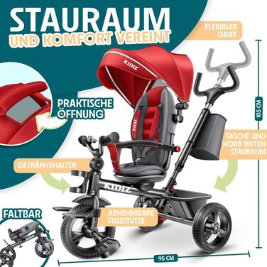 Триколісний велосипед KIDIZ 6-в-1 для малюків від 9 місяців до 25 кг: з ручкою, кошиком, сонцезахисним дахом, червоний