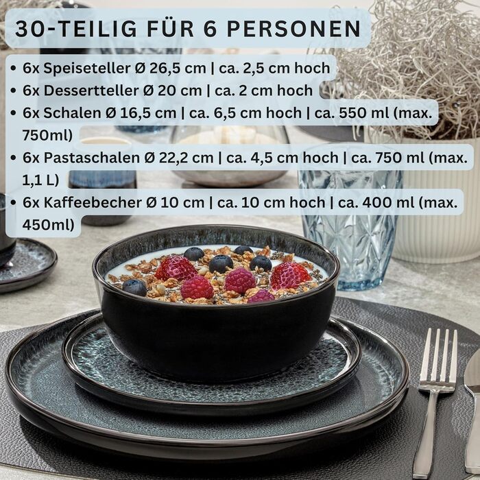Набір посуду SÄNGER Manila на 6 осіб (30 предметів) | Керамічний сервіз, блакитний з чорним обідком
