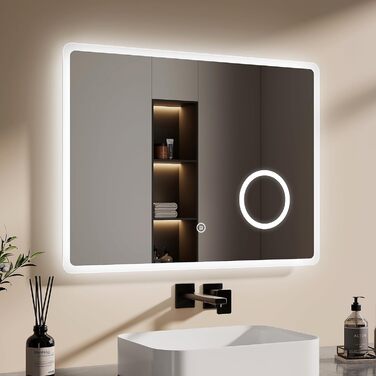 EMKE® LED дзеркало для ванної кімнати 80x60 см з підсвічуванням, сенсорне, регулювання яскравості, протизапотівання, 3 косметичні дзеркала, годинник, IP44