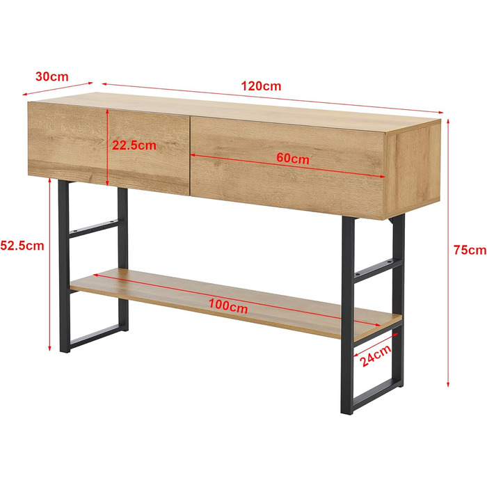 Консольний стіл Varberg з 2 шухлядами, 75x120x30 см, чорний/дубовий вигляд для вітальні/передпокою