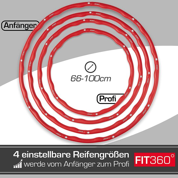 Обруч для дорослих для початківців - 4 регульованих розміру шин-висока стабільність-шини преміум-класу Hullahub для схуднення - ідеально підходять для початківців* в приміщенні - в тому числі. Фітнес-план (електронна книга) Рот 66-100 см, 360 -