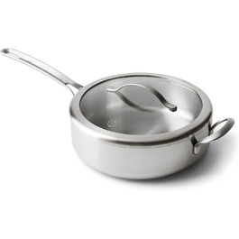 Сковорода GreenPan X Food 52 Five-Two Essentials з нержавіючої сталі Tri-Ply 4QT з кришкою, без PFAS, Multi-Clad, для індукційних плит, можна мити в посудомийній машині, термостійка, срібна