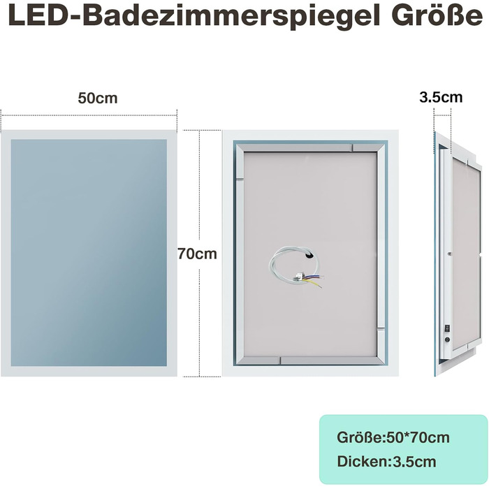 Дзеркало для ванної кімнати GIMBELEN з підсвічуванням LED, антизапар, 2 кольори світла (3000K/6500K), функція пам'яті, прямокутна форма, 50 x 70 см