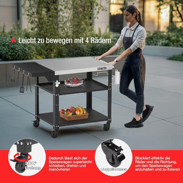 Мобільний сервісний візок для гриля з 3 рівнями, відкидним столиком та поворотними колесами на 360° з гальмом – багатофункціональний гриль-стіл з нержавіючої сталі для барбекю та саду
