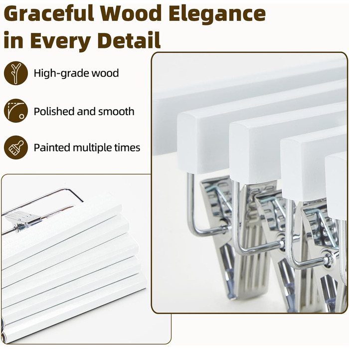 Дерев'яні вішалки для штанів та одягу HOUSE DAY з кліпсами, 25 шт. - білі, 35,5 см, з обертовим гачком