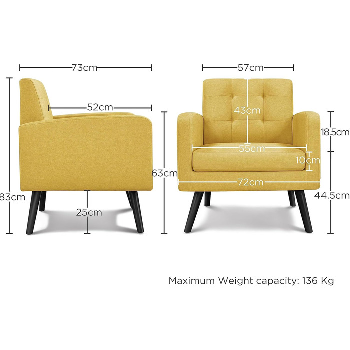 Крісло-мішок Yaheetech з підлокітниками, жовте, з поліестеру, 136 кг, для вітальні