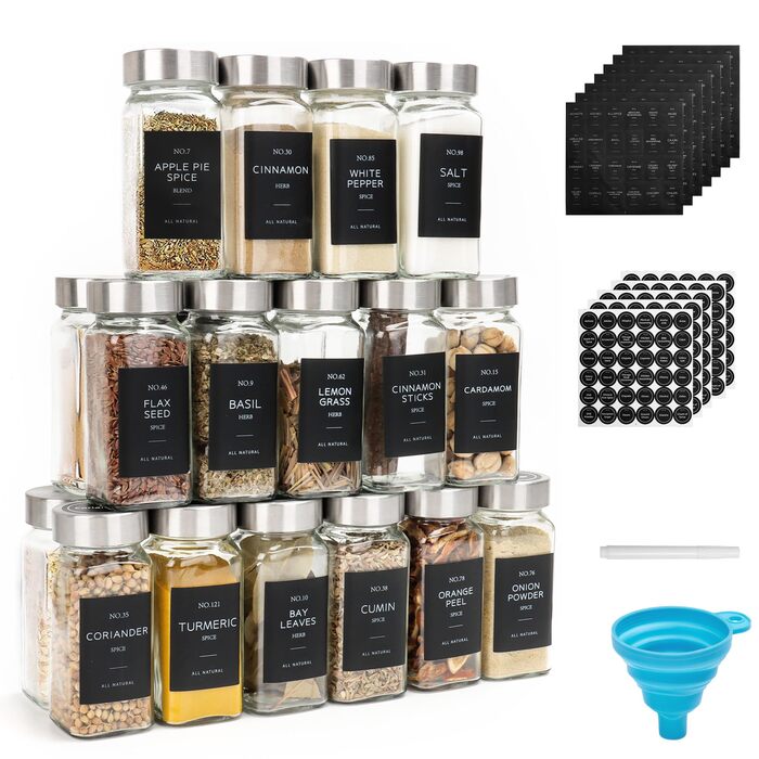 Набір контейнерів для спецій на 12 штук, 120 мл, скляні, з нержавіючою кришкою, з воронкою, з етикетками