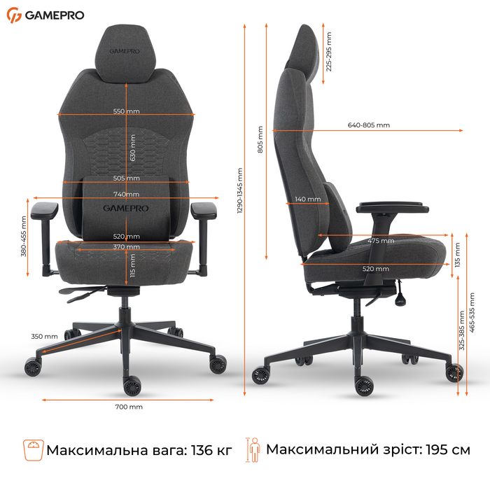 Крісло ігрове GamePro GC760DG Fabric Dark Gray