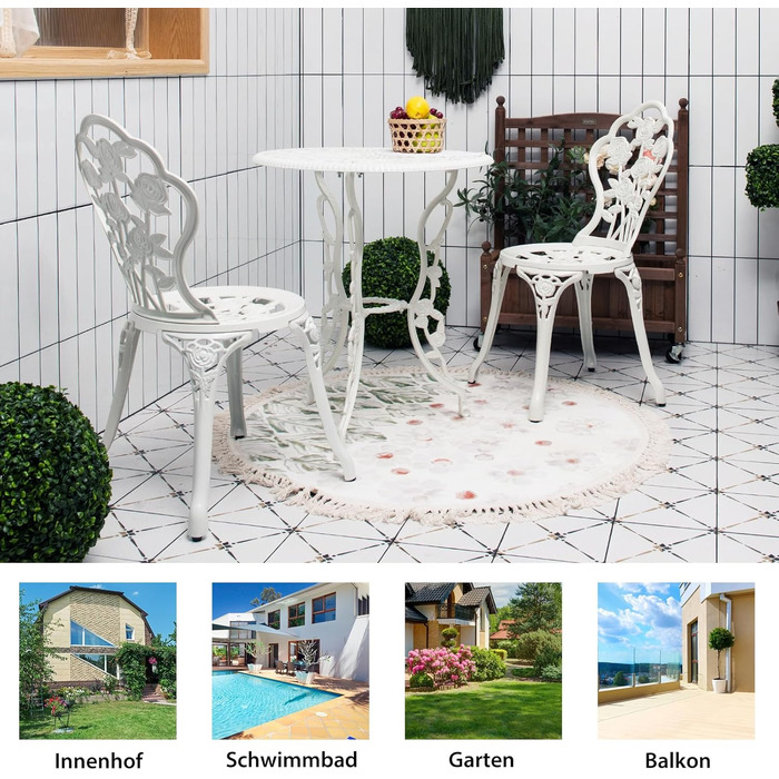 COSTWAY Bistroset: Набір садово-патіо меблів з алюмінію та чавуну (стіл + 2 стільці), білий (Blume)